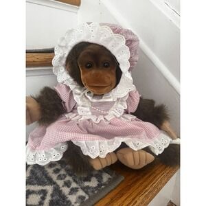 Vintage Hosung Monkey Puppet Pink Gingham Dress Pearls Bonnet squeaker 1984 12''